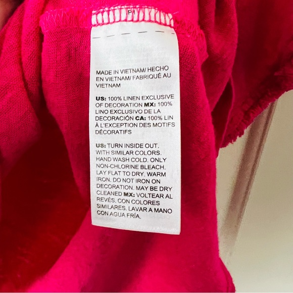 Chico’s Flutter Sleeve Top Sz 2 US Large Pink Blouse 100% Linen Embroidered Neck - Picture 7 of 9